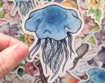 Pegatina de medusa azul: Arte oceánico en acuarela, calcomanía para portátil