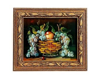 Framed still life oil painting gold with leaf wooden frame Wall hanging picture grape apple Collectible floral painting Housewarming gift