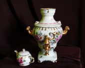 Vintage porcelain Gzhel samovar Decorative original Gzhel samovar with teapot hand painted Antique collectible samovar Christmas gift