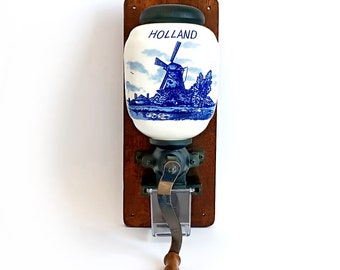 Vintage wall manual coffee grinder Working wooden porcelain blue Holland antique wall-mount coffee grinder Kitchen decor Housewarming gift