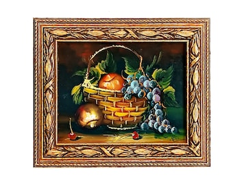 Framed still life oil painting gold with leaf wooden frame Wall hanging picture grape apple Collectible floral painting Housewarming gift