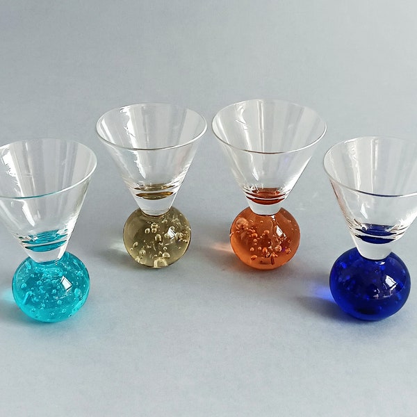 Set of 4 bullicante liquor glasses Colorful hand blown glass Collectible controlled bubble glass ball shaped bottom Housewarming gift