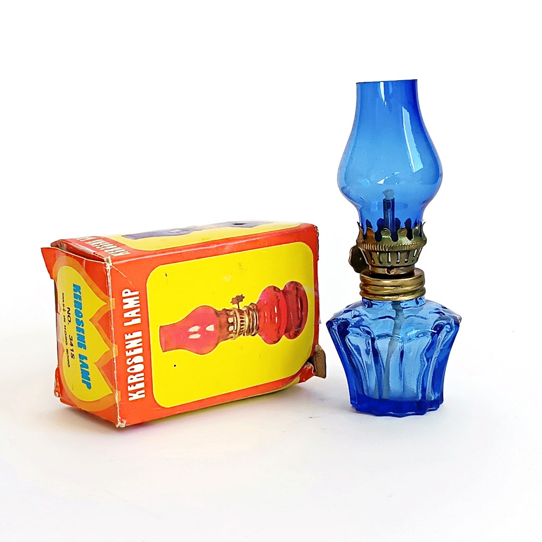 Vintage Small Oil Lamp With Original Box Blue Glass Miniature Etsy