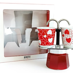 Italian coffee maker Bialetti with two cups in original box Collectible espressomaker Black ceramic coffee cups Saint Valentine gift