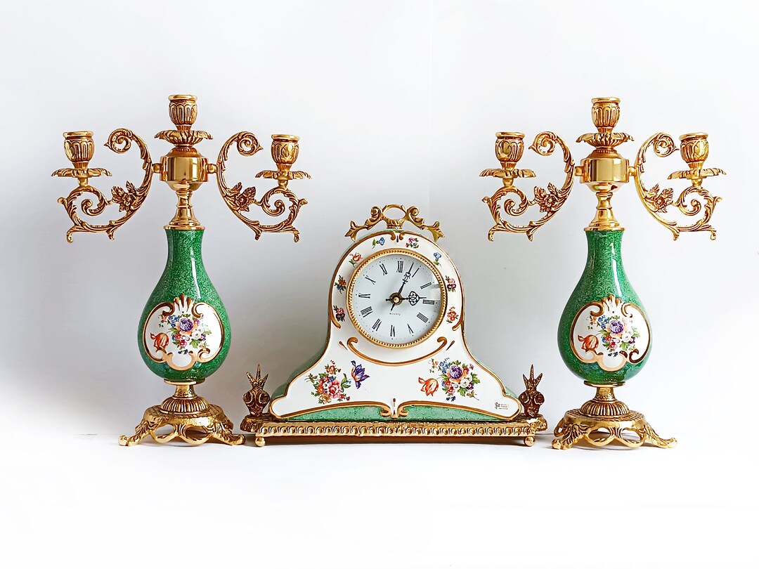 Vintage Porcelain Mantel Clock With 2 Candlestick Spanish Antique Table