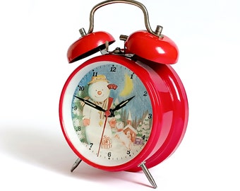 Vintage kids alarm clock Snowman with dog WORKING Vintage twin bell alarm Table top winding clock Collectible mechanical alarm clock