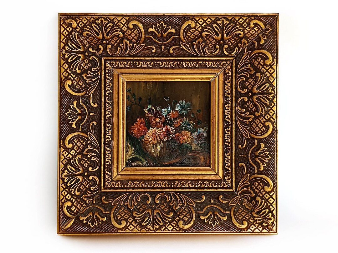 Vintage Wooden Frame Oil Painting Wall Hanging Picture Flowers Etsy