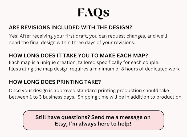 K&ouml;nnte beinhalten: FAQs zu benutzerdefinierten Kartenentwurf und -druck. Revisionen sind im Design enthalten. Jede Karte ben&ouml;tigt mindestens 8 Stunden f&uuml;r die Erstellung. Der Druck dauert 1 bis 3 Werktage. Wenden Sie sich f&uuml;r weitere Informationen an den Verk&auml;ufer auf Etsy.