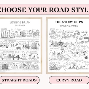 K&ouml;nnte beinhalten: Zwei Schwarzwei&szlig;illustrationen von Stra&szlig;enkarten mit unterschiedlichen Stra&szlig;enstilen. Das erste Bild zeigt eine gerade Stra&szlig;e mit dem Text "Jenny & Brian 2015-2024". Das zweite Bild zeigt eine kurvige Stra&szlig;e mit dem Text "The Story of Us Bailey & James".
