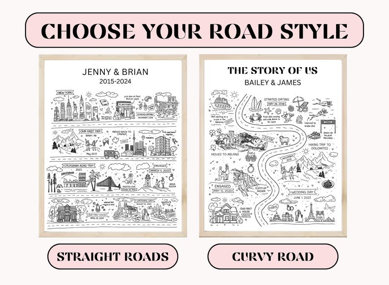 K&ouml;nnte beinhalten: Zwei Schwarzwei&szlig;illustrationen von Stra&szlig;enkarten mit unterschiedlichen Stra&szlig;enstilen. Das erste Bild zeigt eine gerade Stra&szlig;e mit dem Text "Jenny & Brian 2015-2024". Das zweite Bild zeigt eine kurvige Stra&szlig;e mit dem Text "The Story of Us Bailey & James".