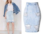 Classic Ripped Jeans Midi Skirt High Waisted Denim Jeans, Blue Jeans, Women Flared Jeans, Skirt Jeans, Ripped Jeans