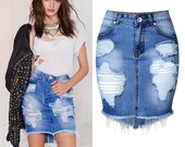 Classic Ripped Jeans Short Skirt High Waisted Denim Jeans, Blue Jeans, Women Flared Jeans, Skirt Jeans, Ripped Jeans