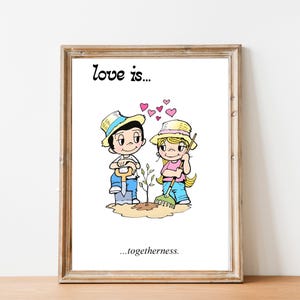 Illustrierte Liebe ist Cartoon druckbares Poster, Kim Casali Kunst, romantisches Wanddekor, Beziehungsgeschenk, Valentinstagsgeschenk, digitaler Download