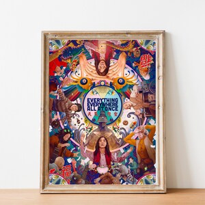 May include: A colorful poster for the movie "Everything Everywhere All at Once" featuring a circular design with the title in the center. The poster is filled with images of people and objects, including a woman in a pink shirt, a man with a donut on his head, and a woman with a raccoon on her shoulder.