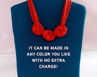 Red Fabric Necklace with Knots, Roses Textile Statement Necklace for Women, Chunky Necklace, Summer Jewelry