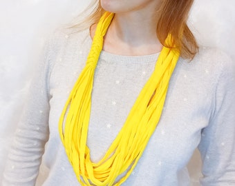 Yellow Multi Strands Textile Statement Necklace for Women, Yellow Fabric Necklace, Long Multistrand Infinity Scarf Necklace, Chunky Necklace