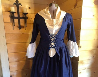 Complete colonial 18th century Williamsburg outlander 1700s polonaise gown and petticoat with stomacher
