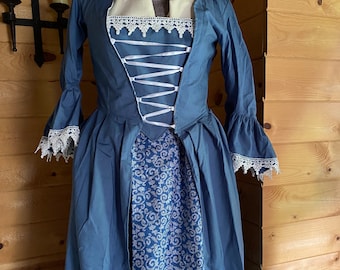 Complete colonial 18th century Williamsburg outlander 1700s polonaise gown and petticoat with stomacher