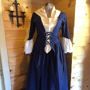 Complete colonial 18th century Williamsburg outlander 1700s polonaise gown and petticoat with stomacher