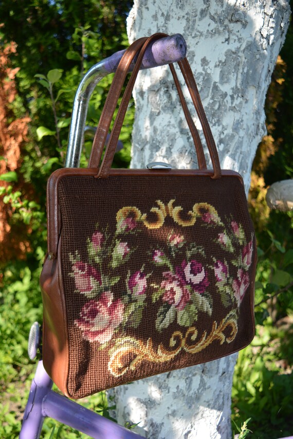 Vintage brown leather handbag 70s