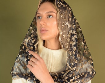 Blue infinity lace veil, Latin mass gold veil, Infinity Catholic veil