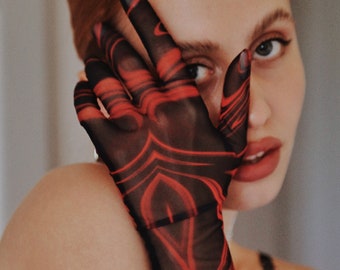 Red & Black print fashion gloves, long tulle mesh gloves, sexy printed gloves
