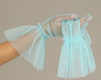 Short blue tulle gloves, couture mesh tulle gloves, gloves accessories