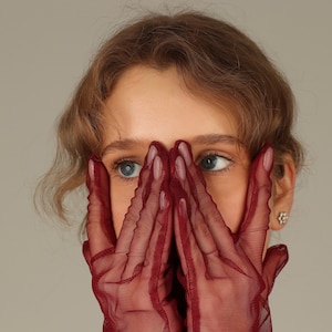 Long burgundy gloves, Long fashion tulle gloves, mesh gloves