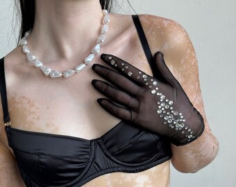 Shiny diamond gloves, Custom black tulle gloves, Custom gloves