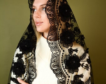 Black Long 3D chapel mantilla, chapel veil Catholic, Mantilla Catholic, Veil for Mass