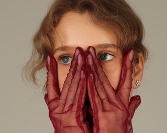 Long burgundy veils, Long fashion tulle gloves, mesh gloves