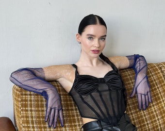 Long blue gloves, Long fashion tulle gloves, mesh gloves