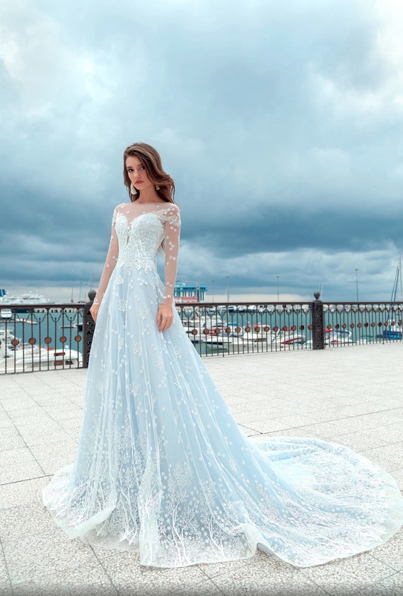 light blue and white wedding dress