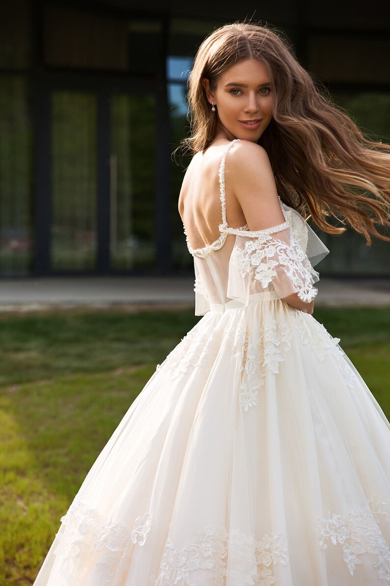 Long Lace Wedding Dress with Accordion Pleated Chiffon Skirt Etsy