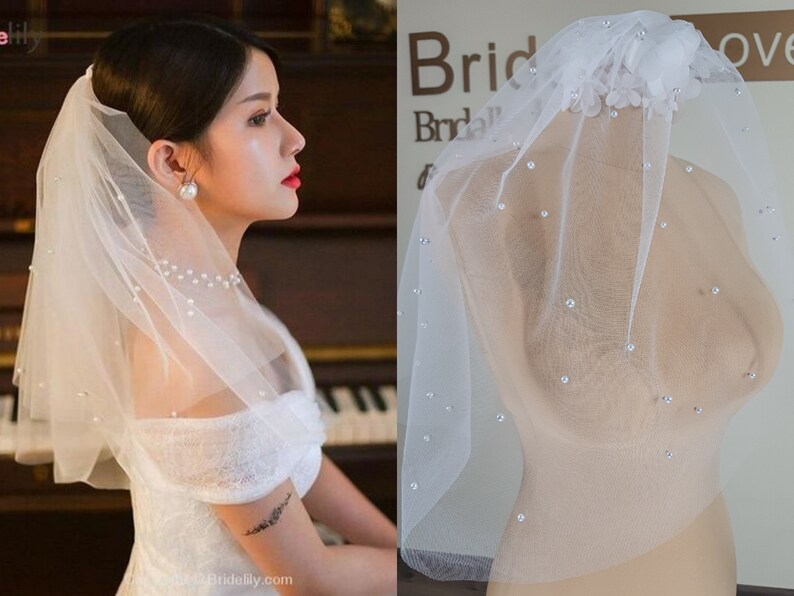 Ivory Bridal veil | Short bridal veil with pearls Ivory wedding veil Pear tulle wedding veil Minimal wedding veil
