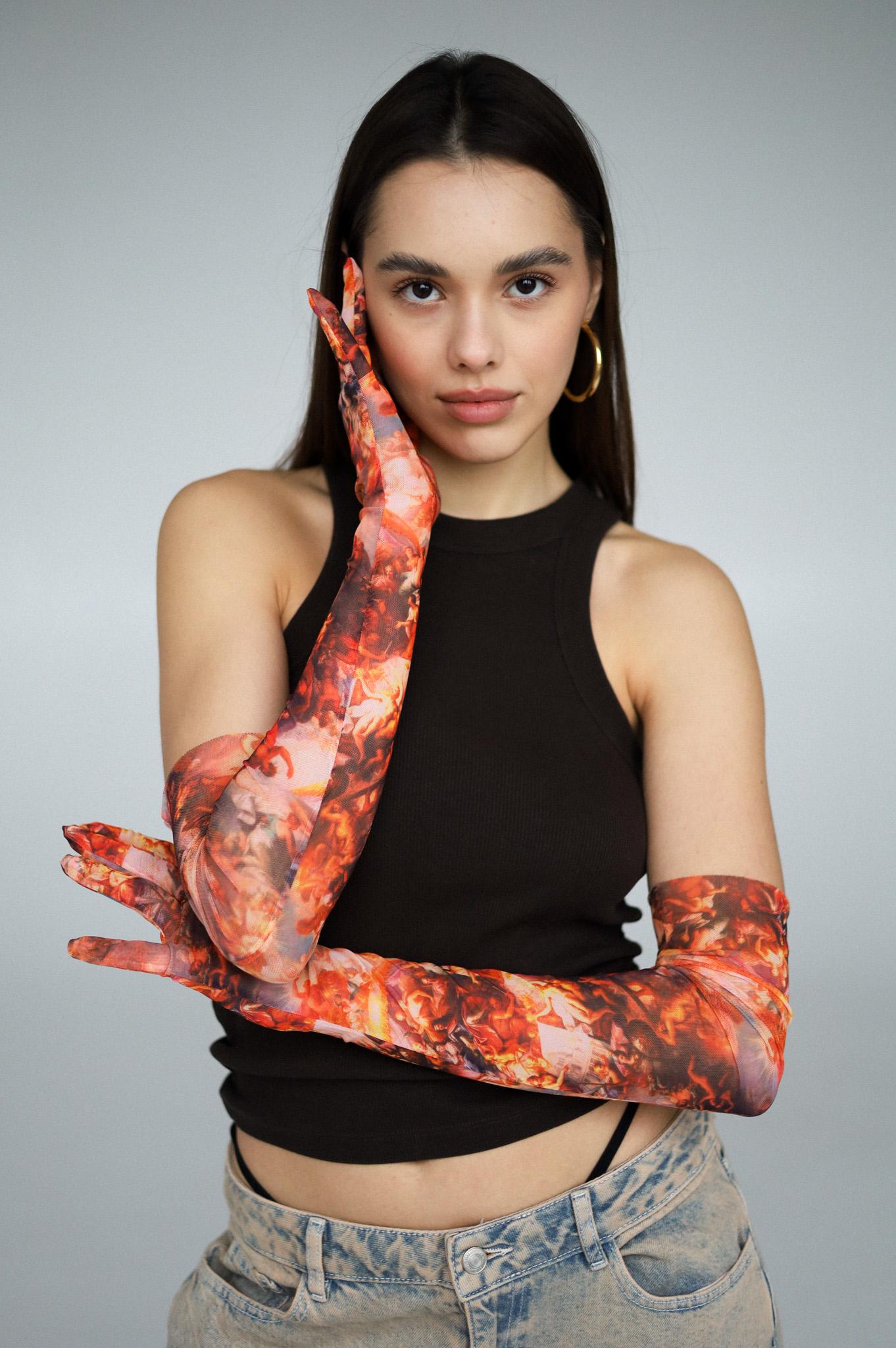 Printed gloves with Gods, printed tulle fashion gloves, new year party gloves
