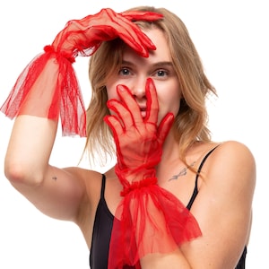 Bloody red tulle gloves, short accessories gloves, red fashion gloves