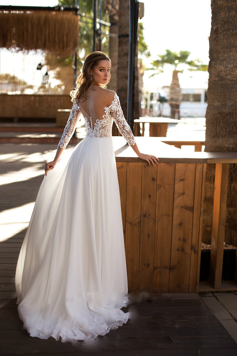 Floral wedding dress with long sleeves and open back sexy image 0