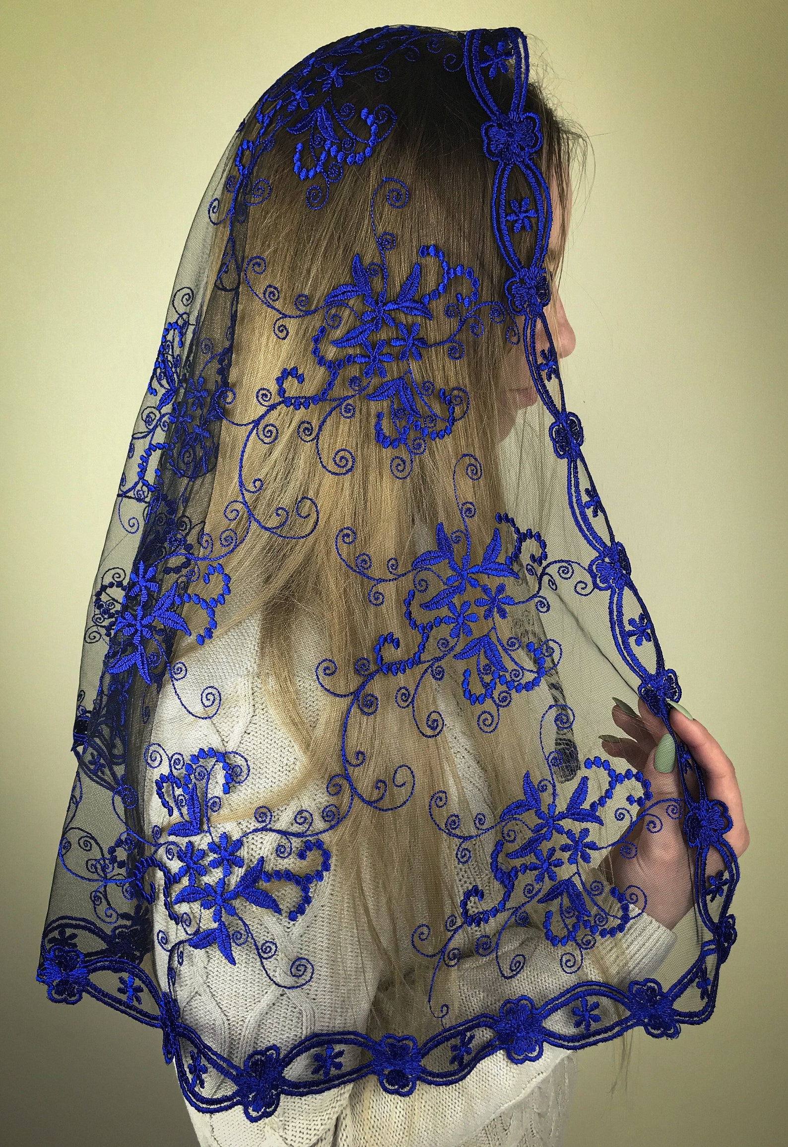 Blue Mantilla veil Veil for Mass Lace church veil Etsy