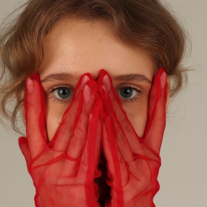 Red Fashion Gloves, Red tulle mesh gloves, gloves for party