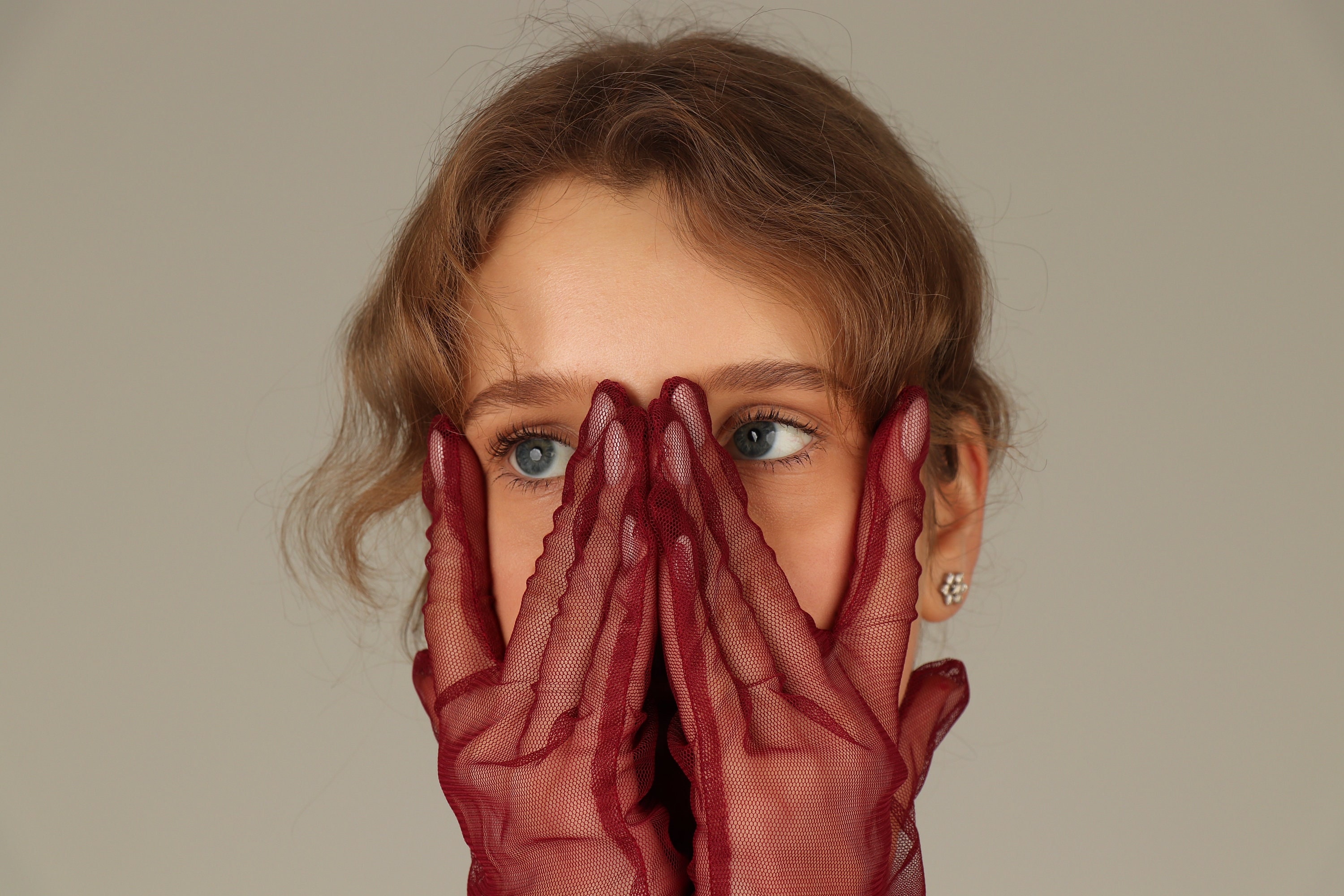 Long burgundy gloves, Long fashion tulle gloves, mesh gloves