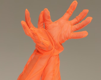Neon orange long gloves, Couture mesh tulle gloves, tulle fashion gloves