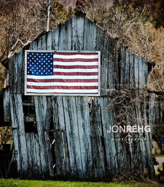 American Flag Hanging On Old Wood Country Barn Color Etsy