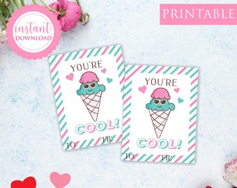 Printable Valentine's Day Card Classroom Valentine Kids Valentine School Valentine Ice Cream Cool Valentine, Instant Download