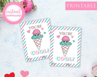 Tarjeta imprimible del día de San Valentín Aula San Valentín Niños Escuela de San Valentín Helado de San Valentín Cool Valentine, Descarga instantánea