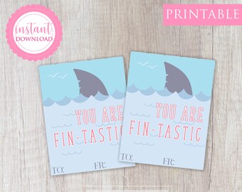 Tarjeta imprimible del día de San Valentín Aula San Valentín Niños Escuela de San Valentín San Valentín Tiburón Fin-tastic Boy Valentine, Descarga instantánea