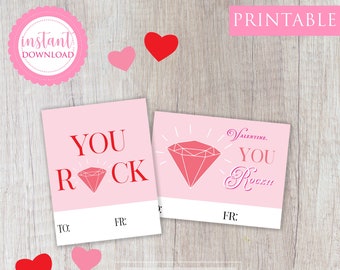 Printable Valentine's Day Card Classroom Valentine Kids Valentine School Valentine You Rock Gem Valentine, Instant Download