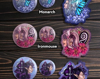 IRONMOUSE, BUBI & MONARCH Florale Vtuber fanart | Aufkleber / 38 mm oder 58 mm Buttons (Limitiert)