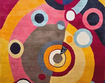 Hand-Knotted Wool Rug – Sonia Delaunay Inspired Diagonal Design, 270x200cm