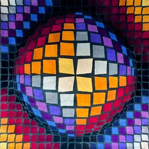 Puede incluir: Una alfombra abstracta con un dise&ntilde;o esf&eacute;rico en 3D. La esfera est&aacute; compuesta por cuadrados en tonos rojos, naranjas, amarillos, blancos, morados y azules. El fondo oscuro crea un contraste llamativo. Una pieza &uacute;nica para la decoraci&oacute;n del hogar.
